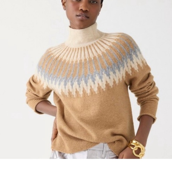 J. CREW Sz Large Fair Isle Mock Neck Sweater Supersoft Yarn Wool Camel Blue EUC - Picture 2 of 11